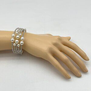 Simulated Pearl and Rhinestone 5-Row Spring Cuff Coil Bracelet 7 inch